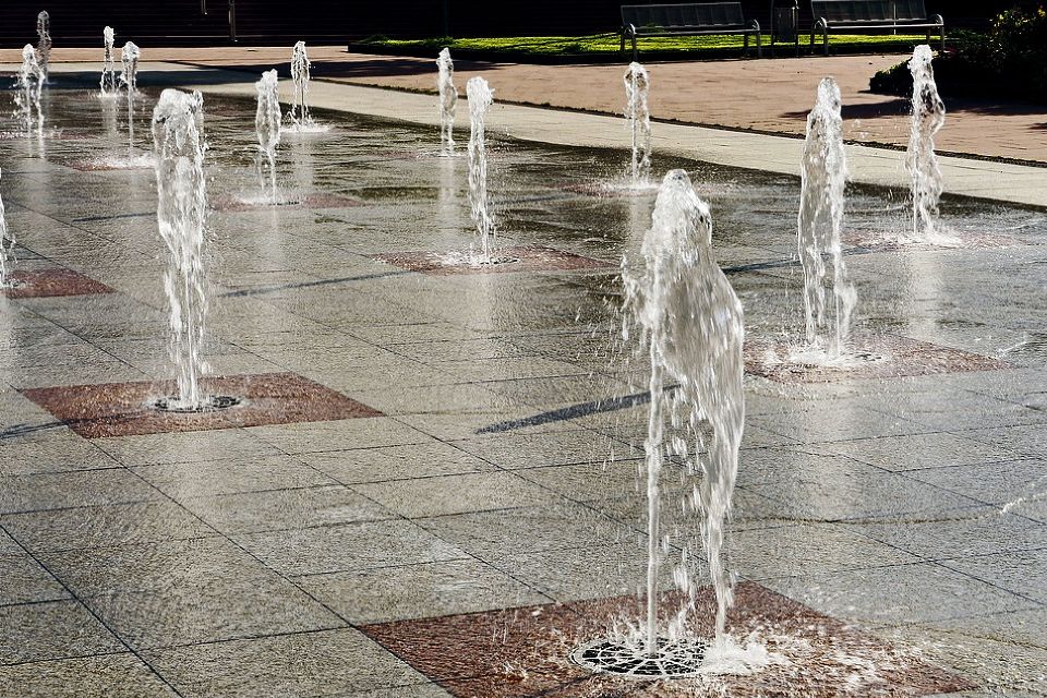 large fountain installation in city plaza