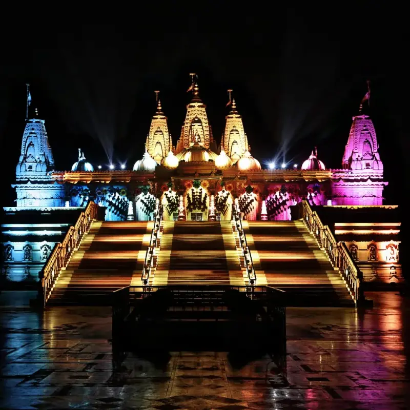 Light and sound show at temple with synchronized lighting, projections, and audio storytelling