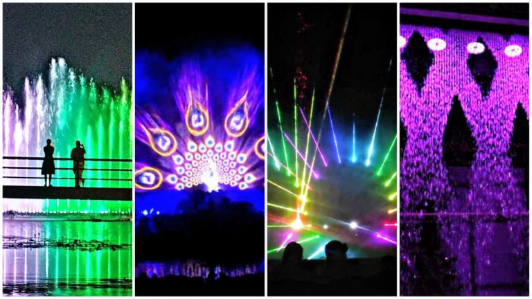 Advanced water feature design by Dhyani Technologies including dry deck fountain, musical water show, and multimedia fountain with synchronized lights and effects.