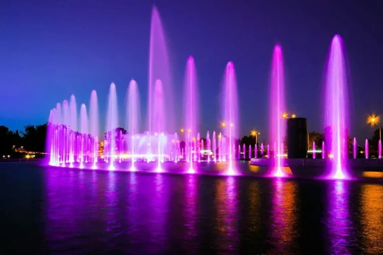 Large-scale musical fountain with 3D jets and high-pressure water effects
