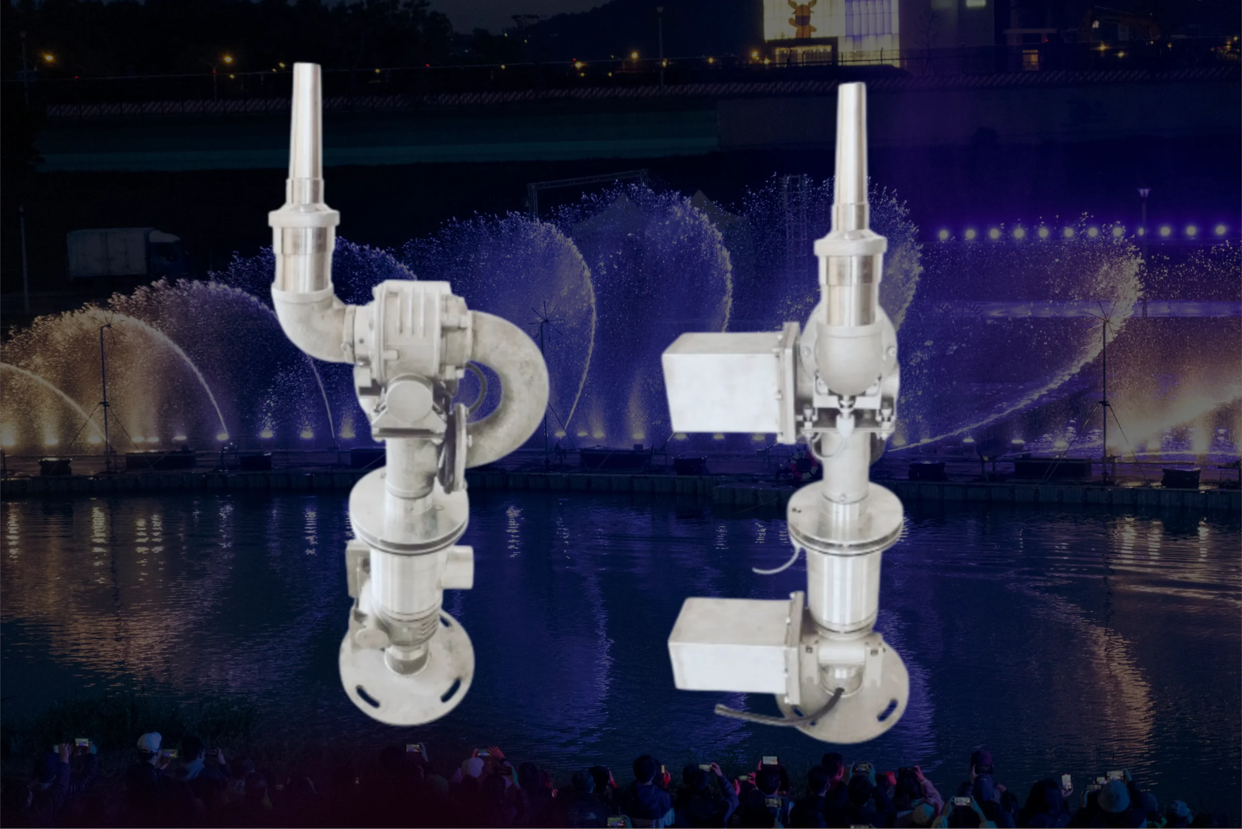 Programmable 3D fountain nozzle producing synchronized water and light effects