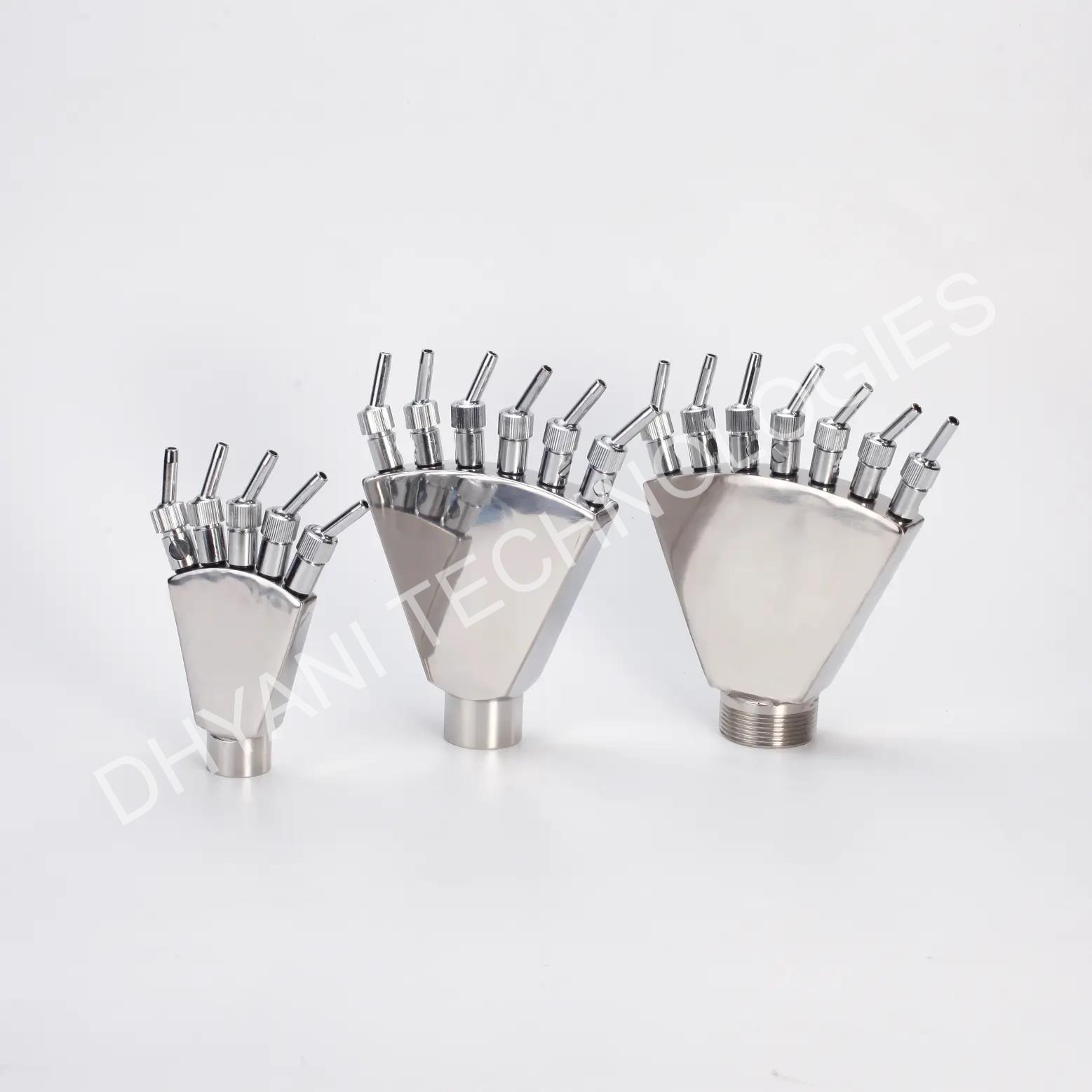 Peacock tail nozzle creating wide fan water display