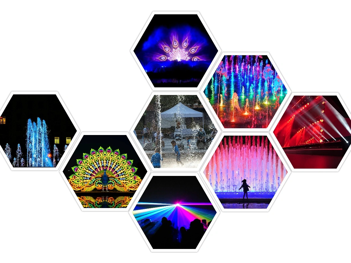 Advanced water feature design by Dhyani Technologies including dry deck fountain, musical water show, and multimedia fountain with synchronized lights and effects.