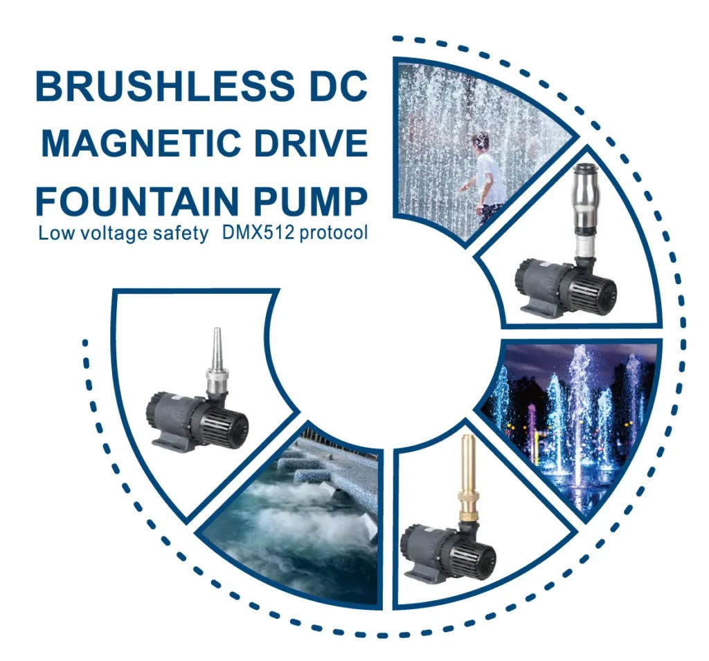 Addressable fountain pump operating through DMX512 protocol for precision water jet control in musical fountains.