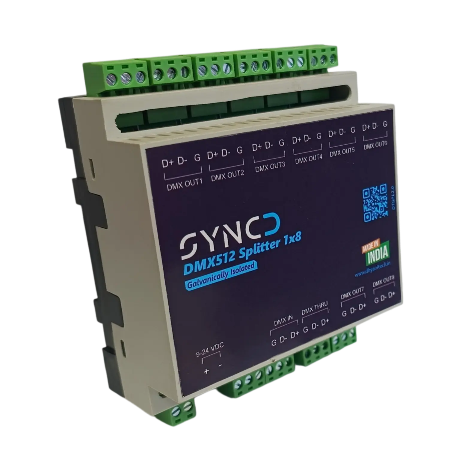 SyncD Isolated DMX Splitter 1x8 DIN Rail for DMX512 signal distribution in fountain and lighting control systems