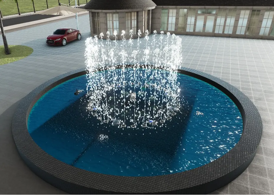 DMX fountain animation with RGB lights and synchronized water jet effects