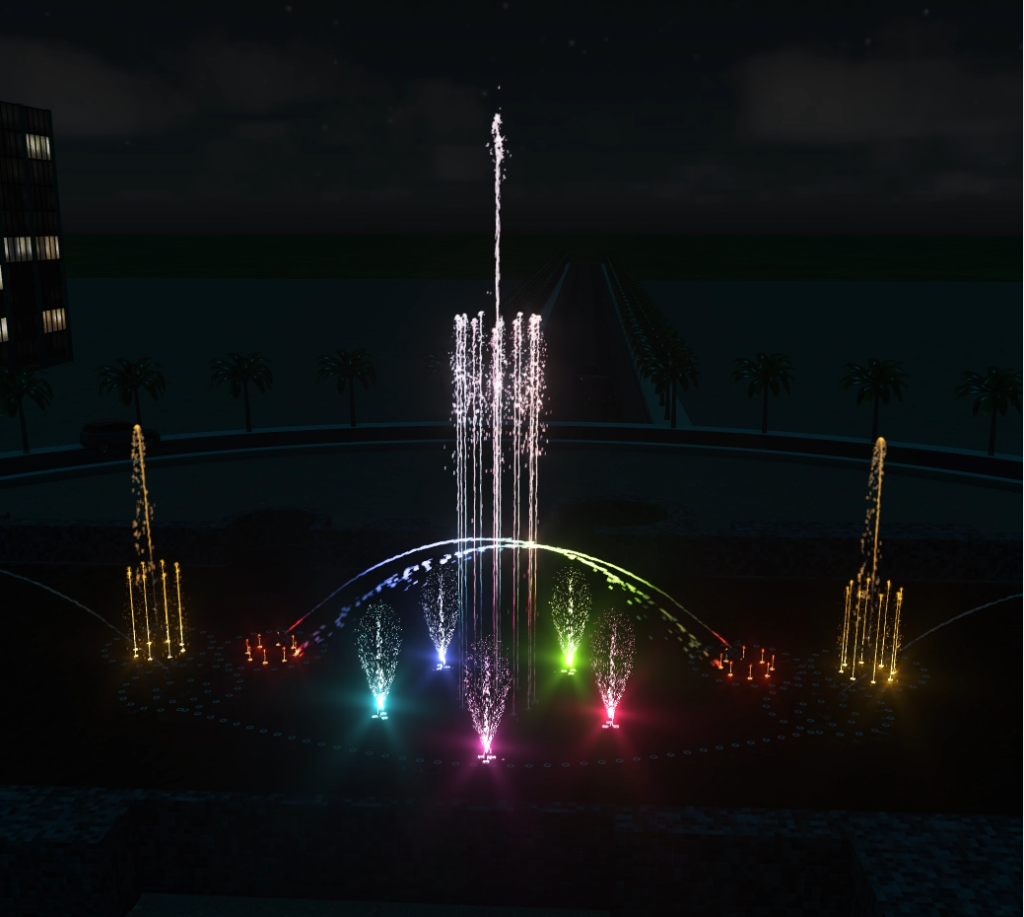 Dry deck fountain animation with floor jets DMX lights and realistic water effects