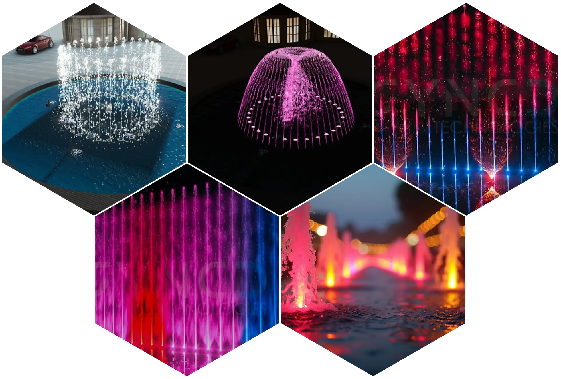 3D musical fountain animation with synchronized water jets and colorful lighting by Dhyani Technologies
