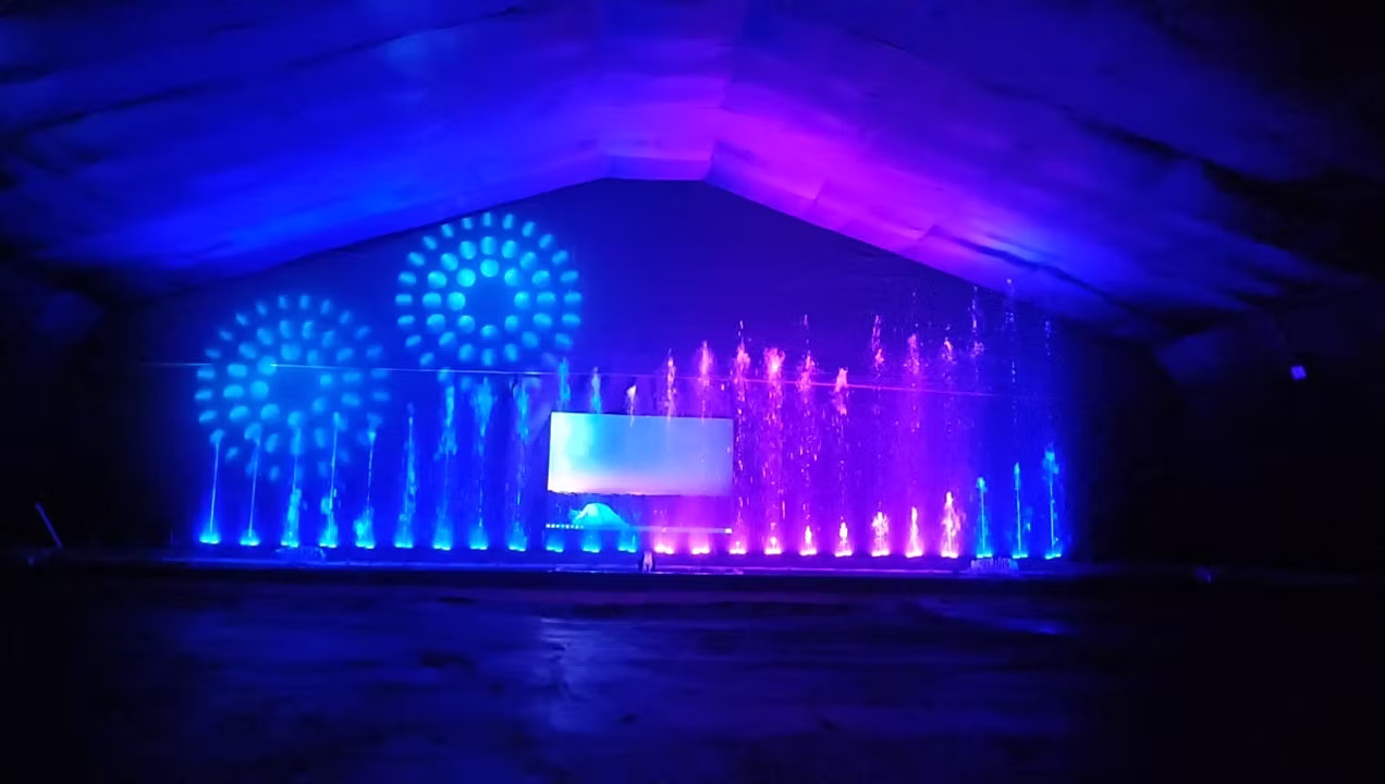 Water show integrated with Sharpy moving head lights
