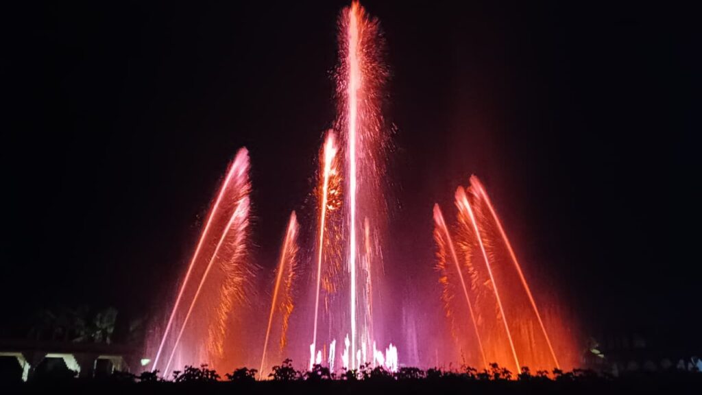 Dancing water jets with RGB lighting at BAPS Sankari